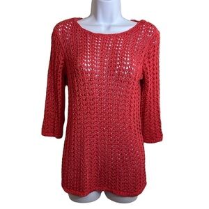 Chico's Open Knit Sweater Tunic Orange 3/4 Sleeves Pullover Sz O (S/4)